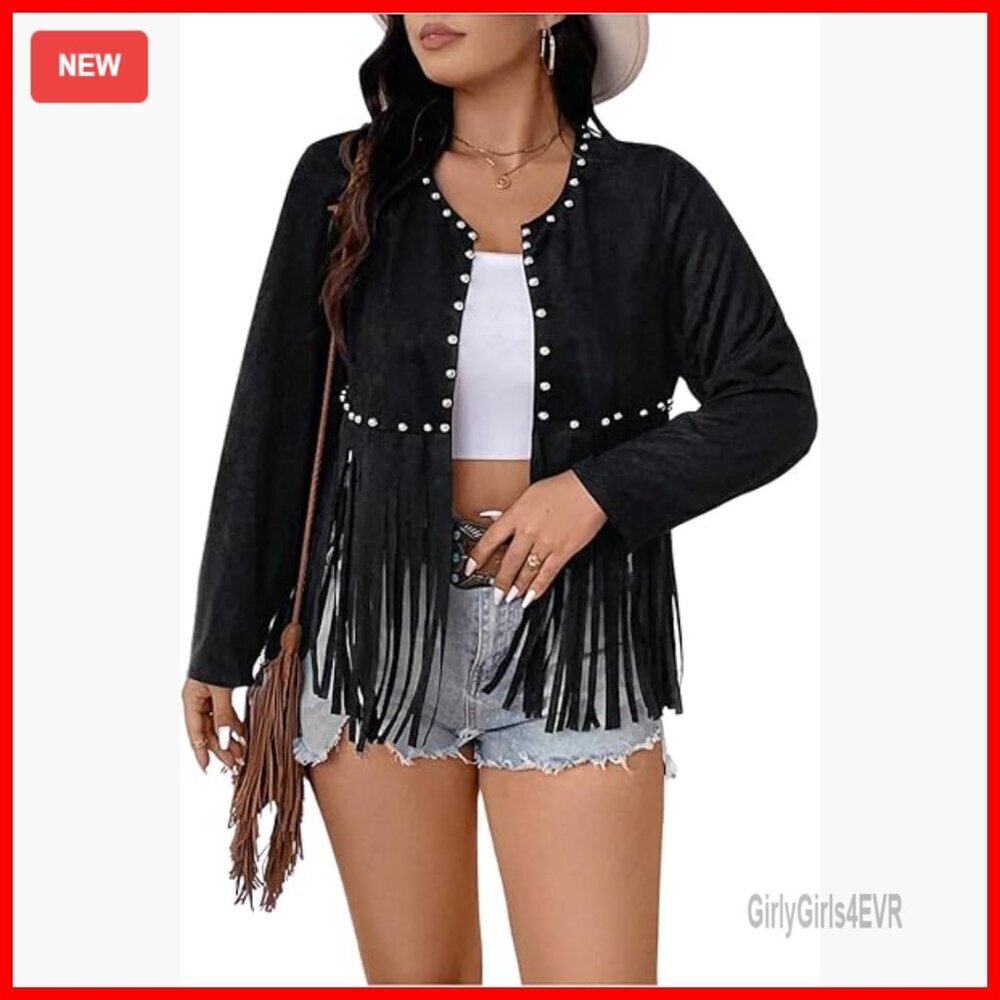 Plus Size Faux Suede Fringe Jacket Western Studded Tassel Cardigan
